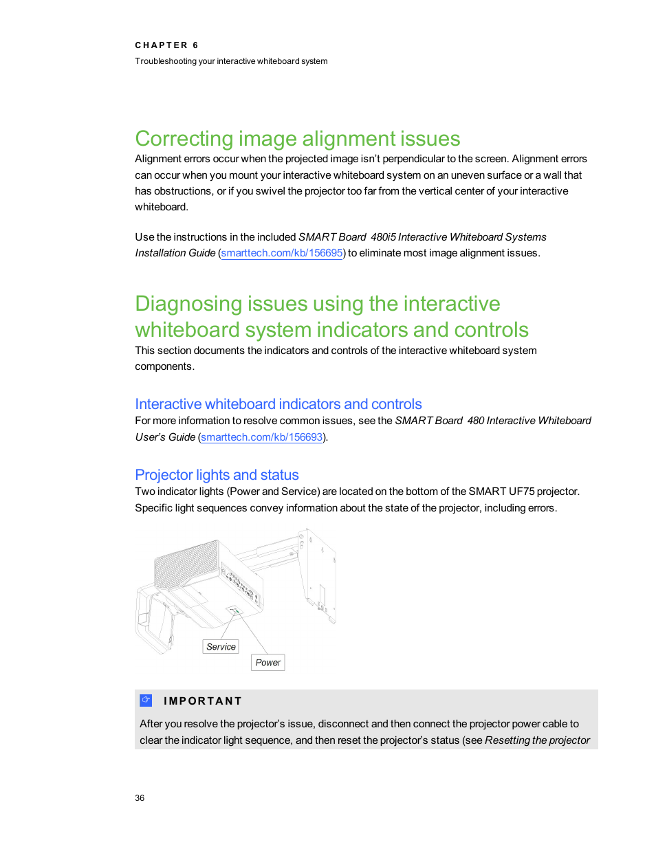 Correcting image alignment issues, Interactive whiteboard indicators and controls, Projector lights and status | Smart Technologies Interactive Whiteboard System 480i5 User Manual | Page 46 / 87