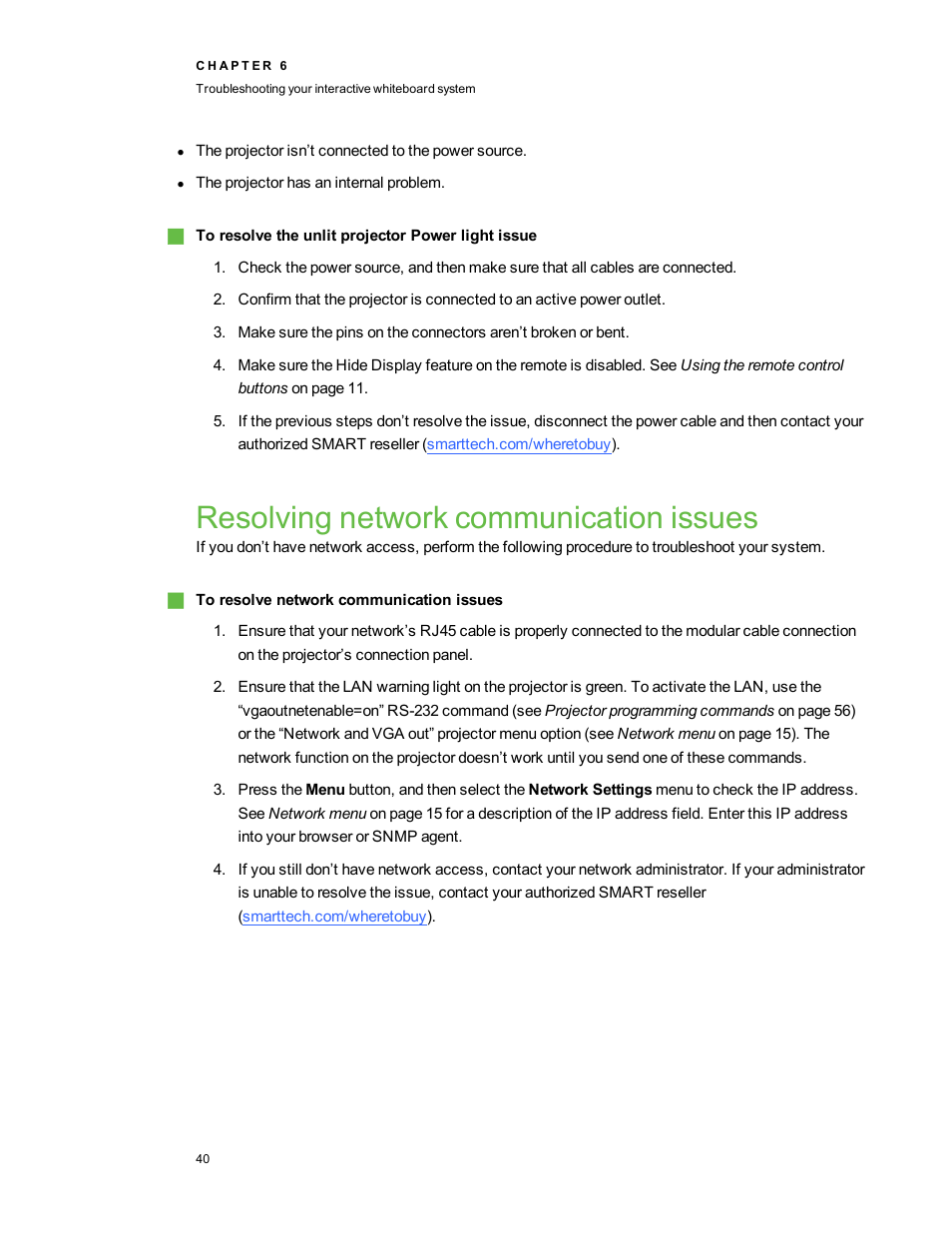 Resolving network communication issues | Smart Technologies Interactive Whiteboard System 480i5 User Manual | Page 50 / 87