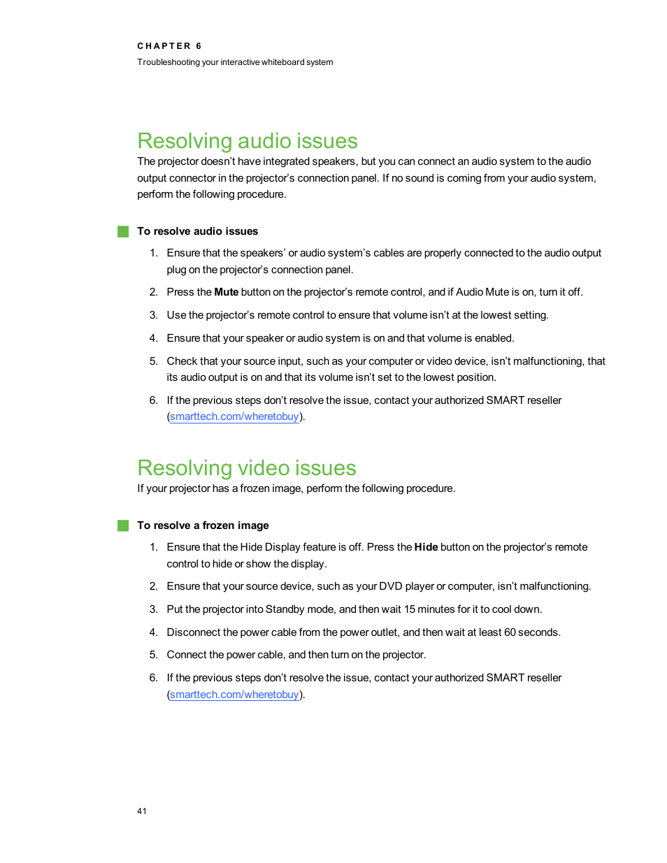 Resolving audio issues, Resolving video issues | Smart Technologies Interactive Whiteboard System 480i5 User Manual | Page 51 / 87