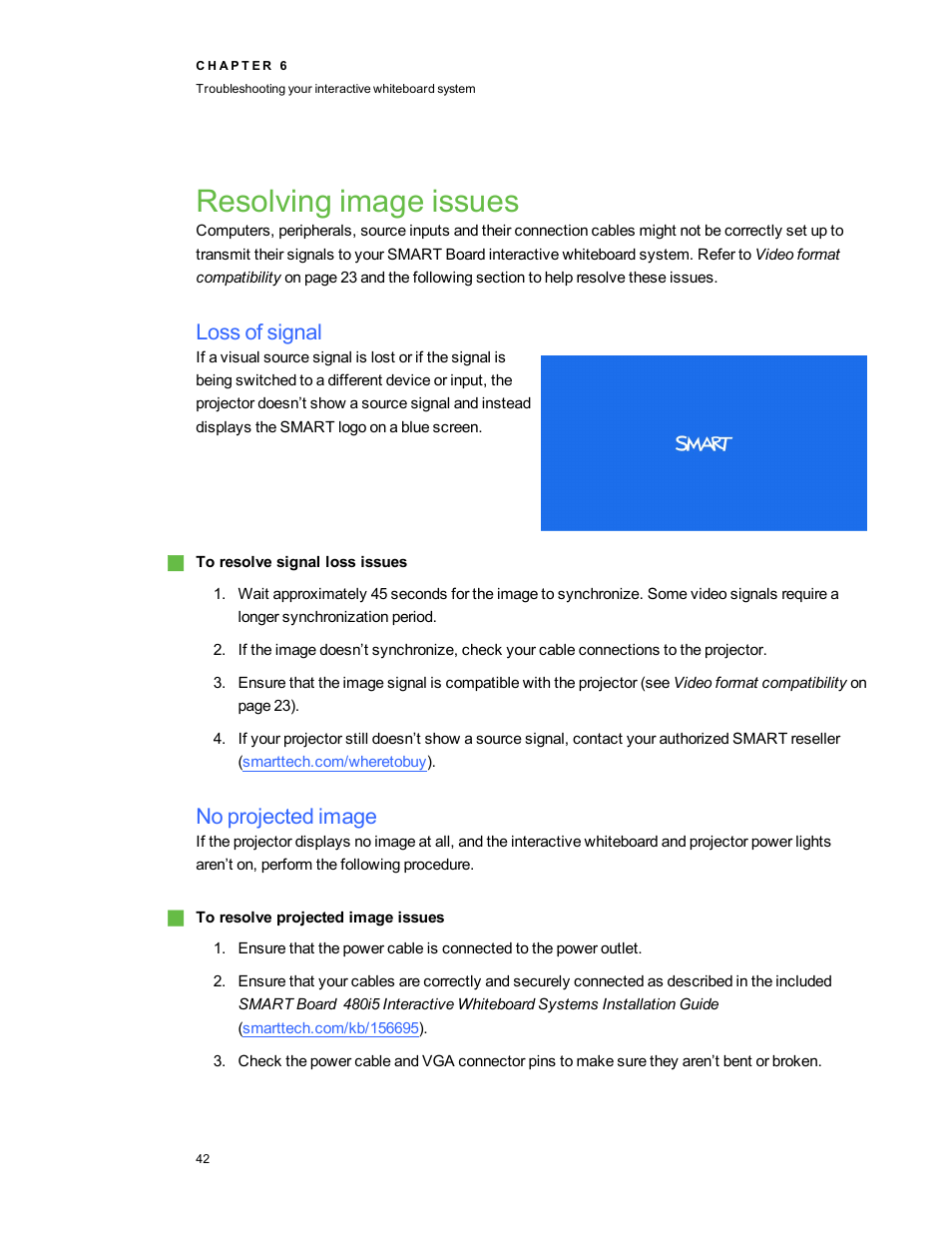 Resolving image issues, Loss of signal, No projected image | Smart Technologies Interactive Whiteboard System 480i5 User Manual | Page 52 / 87