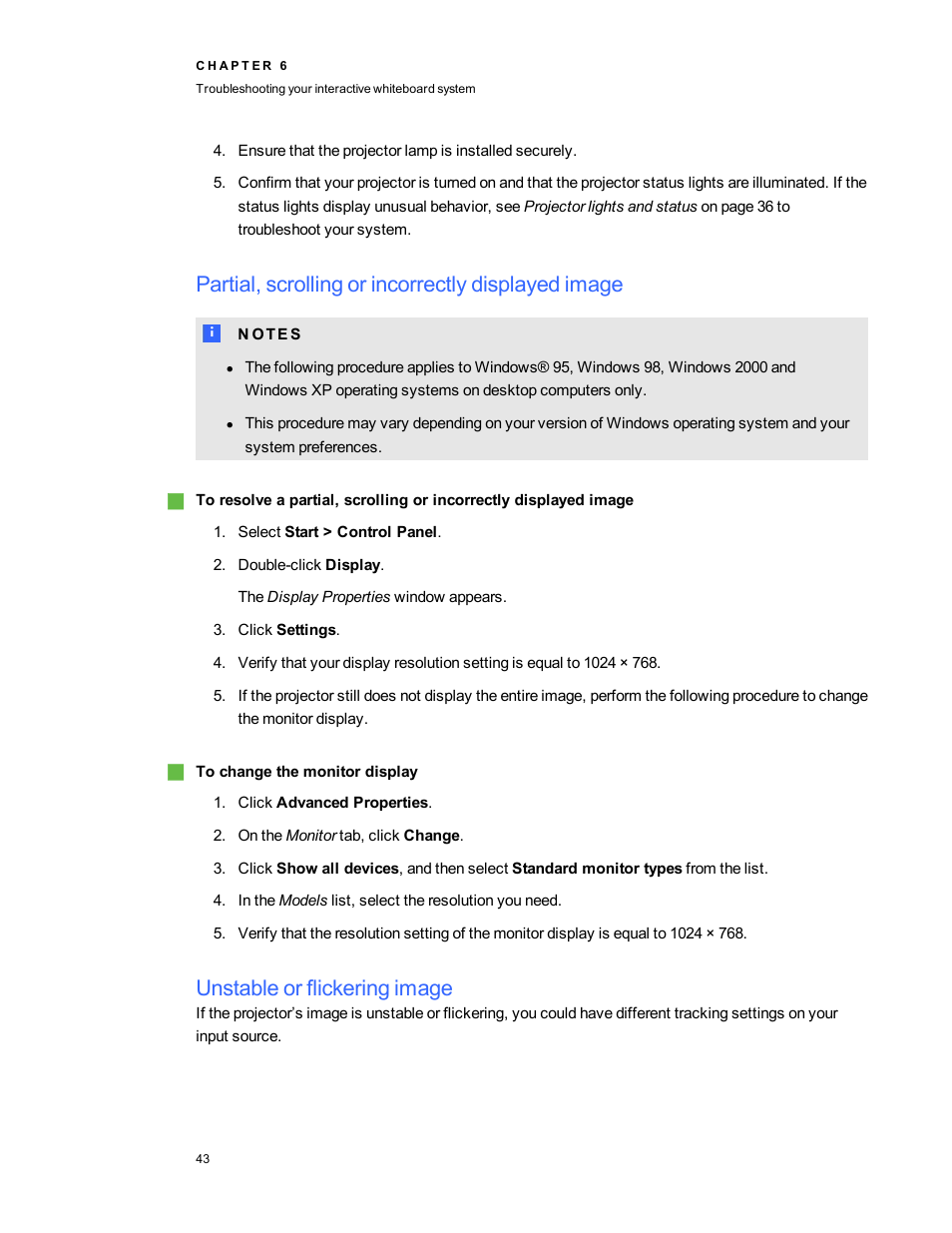 Partial, scrolling or incorrectly displayed image, Unstable or flickering image | Smart Technologies Interactive Whiteboard System 480i5 User Manual | Page 53 / 87