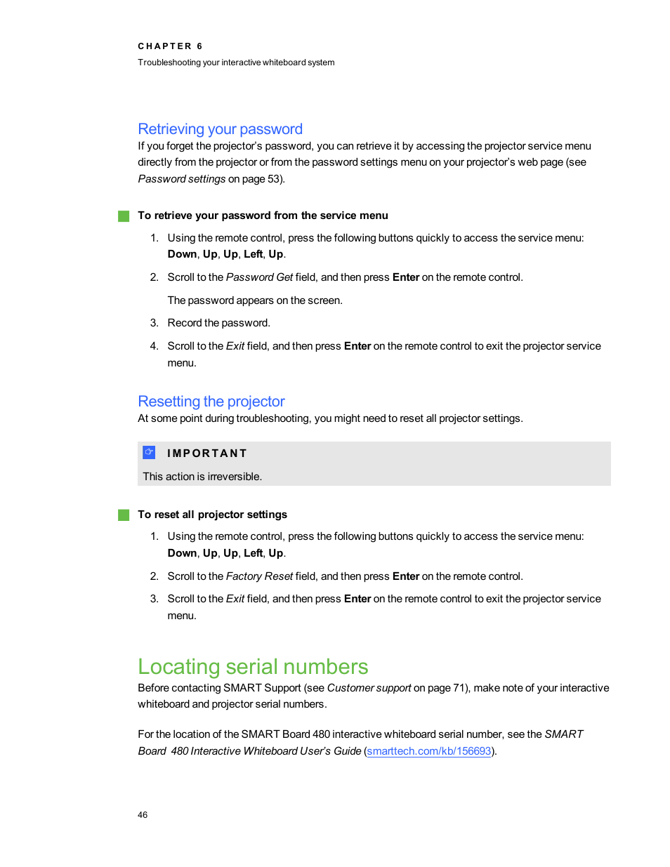Retrieving your password, Resetting the projector, Locating serial numbers | Smart Technologies Interactive Whiteboard System 480i5 User Manual | Page 56 / 87