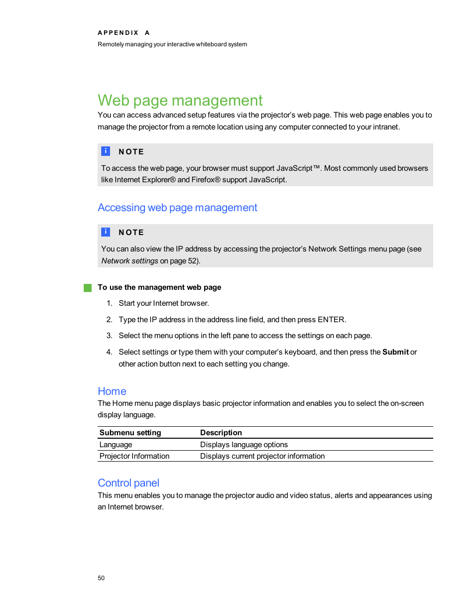 Home, Control panel, Web page management | Accessing web page management | Smart Technologies Interactive Whiteboard System 480i5 User Manual | Page 60 / 87
