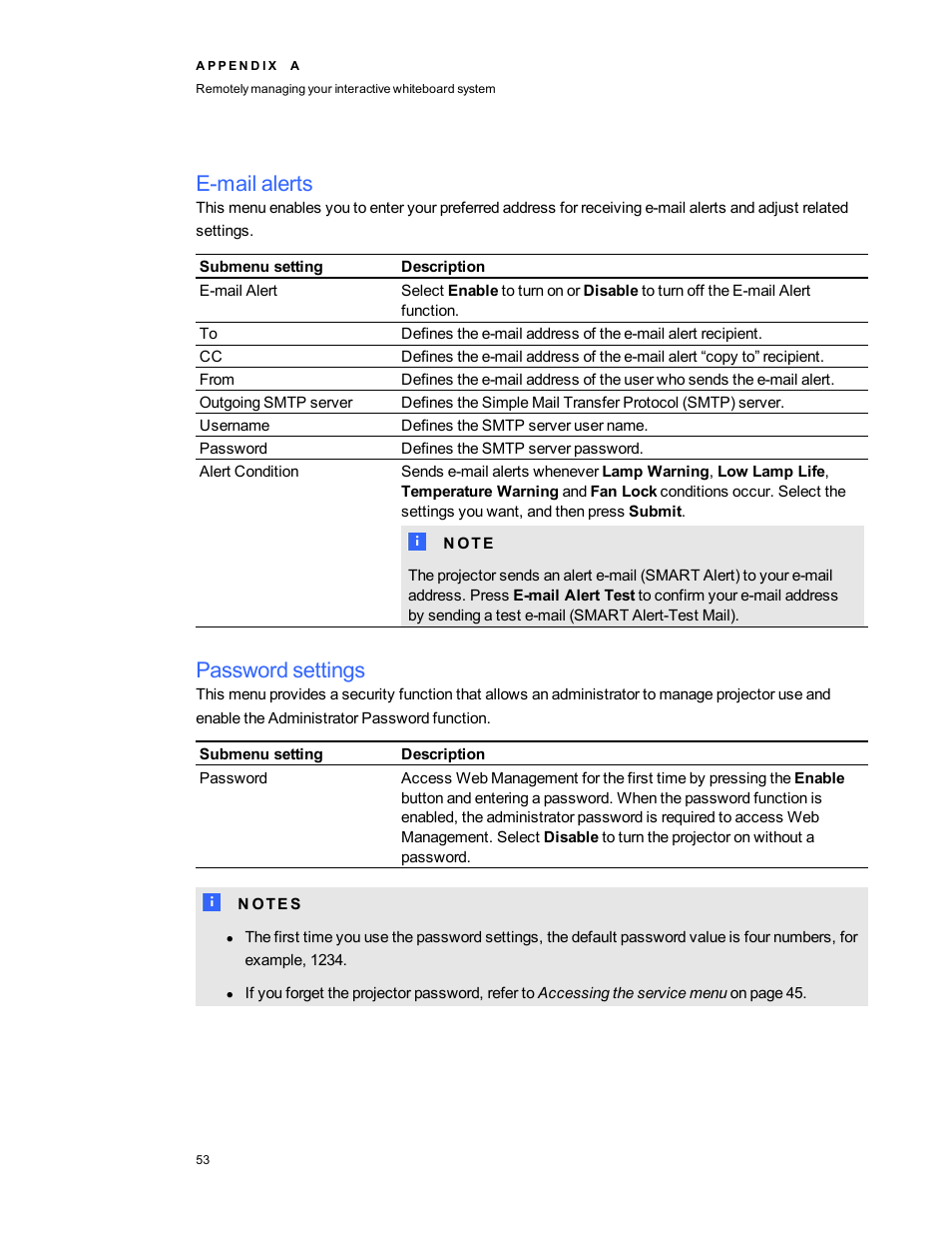 E-mail alerts, Password settings, E-mail | Smart Technologies Interactive Whiteboard System 480i5 User Manual | Page 63 / 87