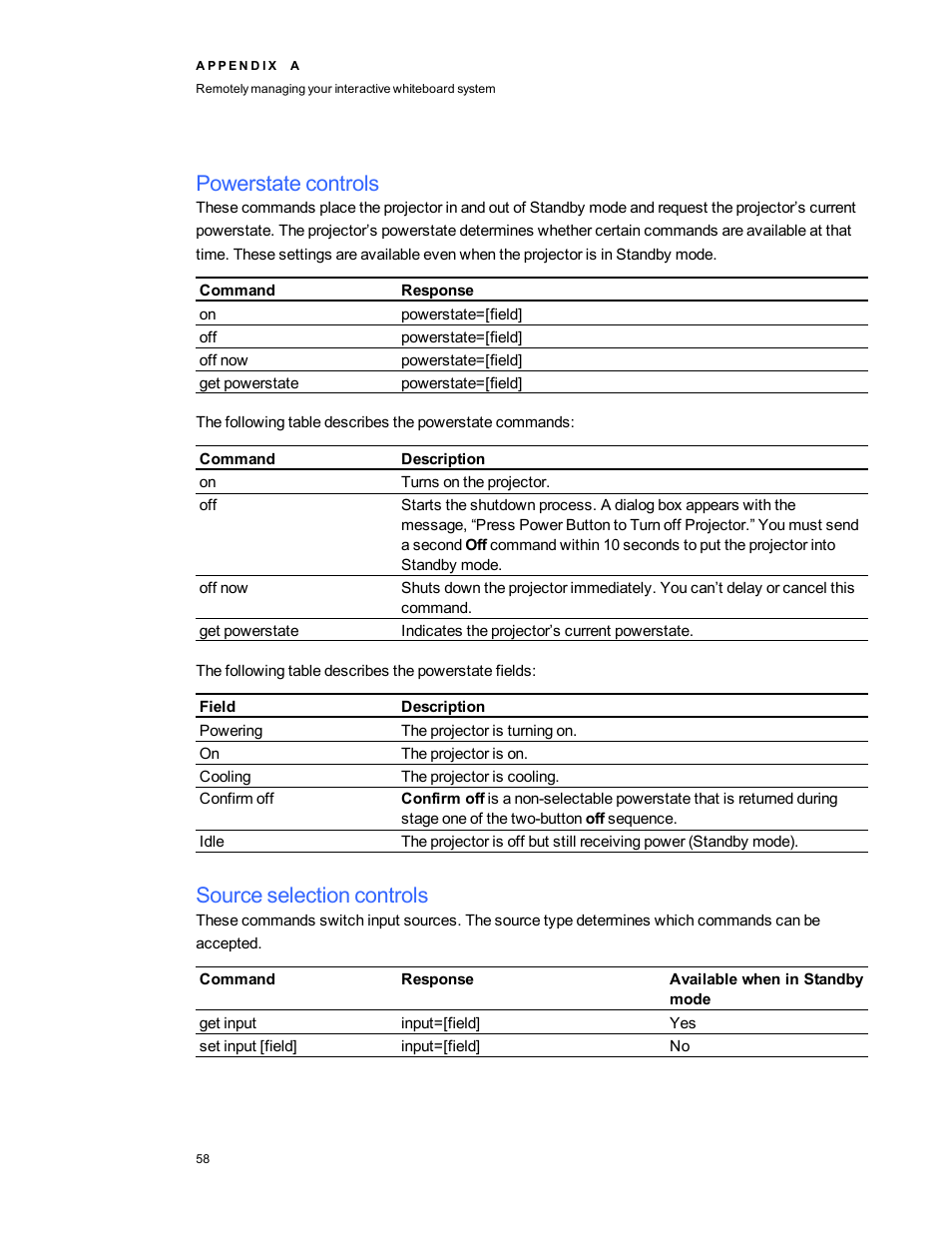 Powerstate controls, Source selection controls | Smart Technologies Interactive Whiteboard System 480i5 User Manual | Page 68 / 87