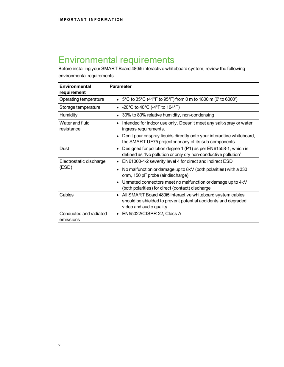 Environmental requirements | Smart Technologies Interactive Whiteboard System 480i5 User Manual | Page 7 / 87