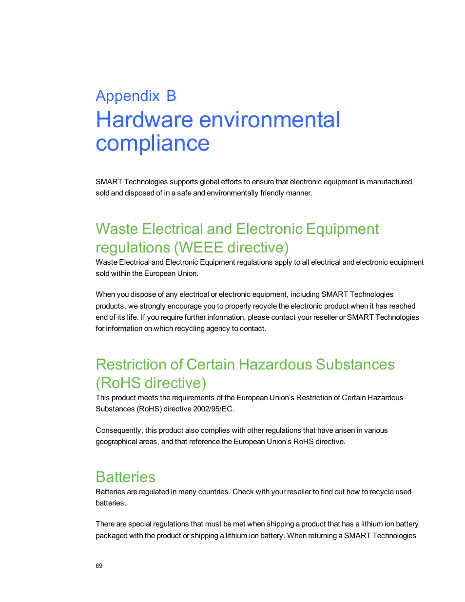 Hardware environmental compliance, Batteries, Appendix b | Smart Technologies Interactive Whiteboard System 480i5 User Manual | Page 79 / 87