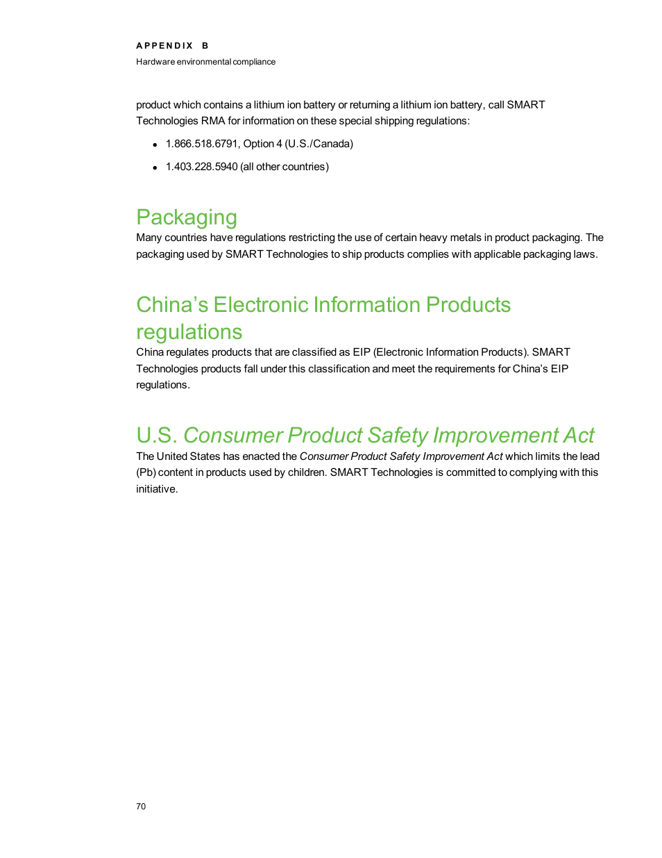 Packaging, U.s. consumer product safety improvement act | Smart Technologies Interactive Whiteboard System 480i5 User Manual | Page 80 / 87