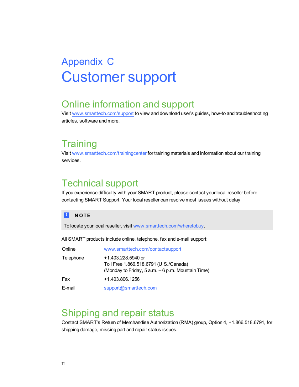 Customer support, Online information and support, Training | Technical support, Shipping and repair status, Appendix c | Smart Technologies Interactive Whiteboard System 480i5 User Manual | Page 81 / 87