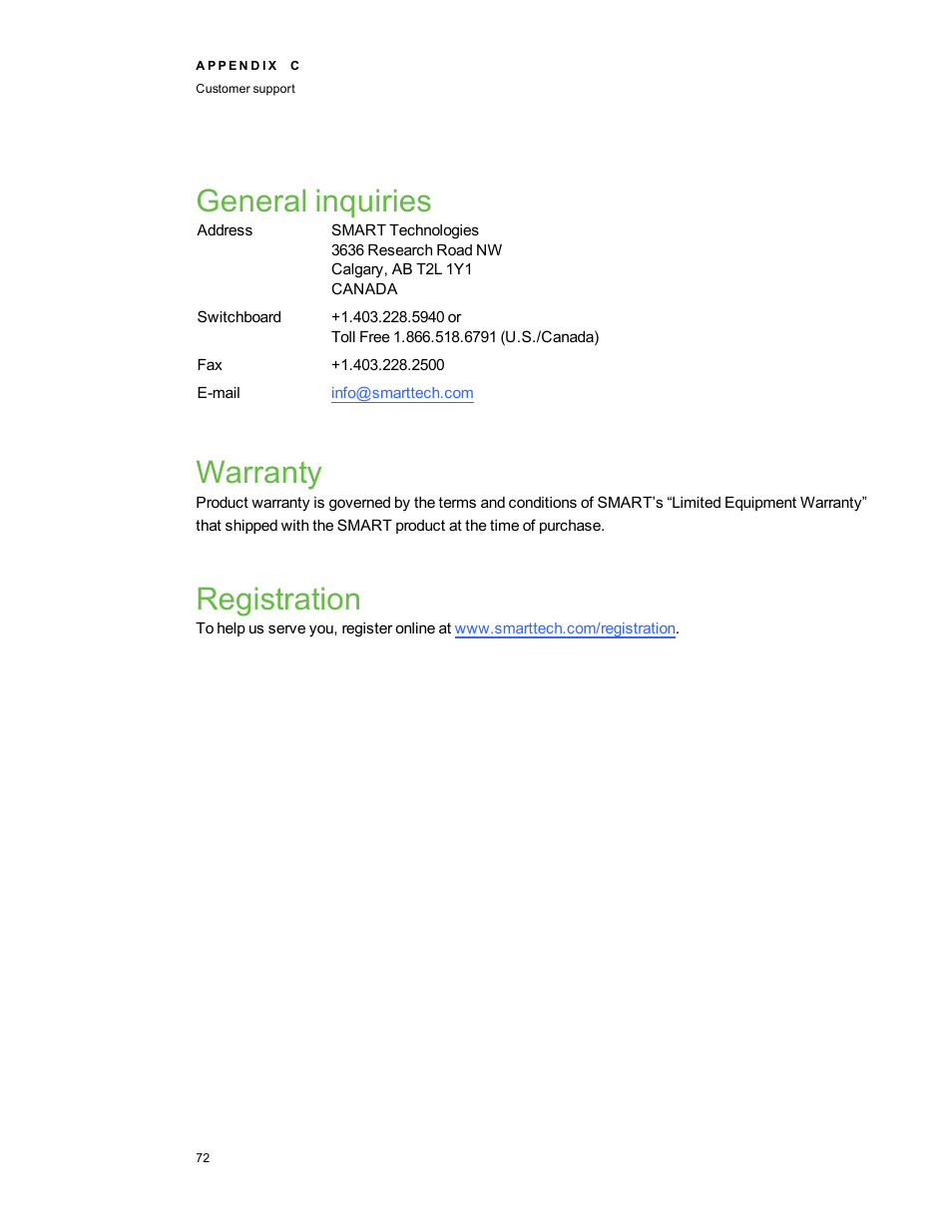 General inquiries, Warranty, Registration | Smart Technologies Interactive Whiteboard System 480i5 User Manual | Page 82 / 87