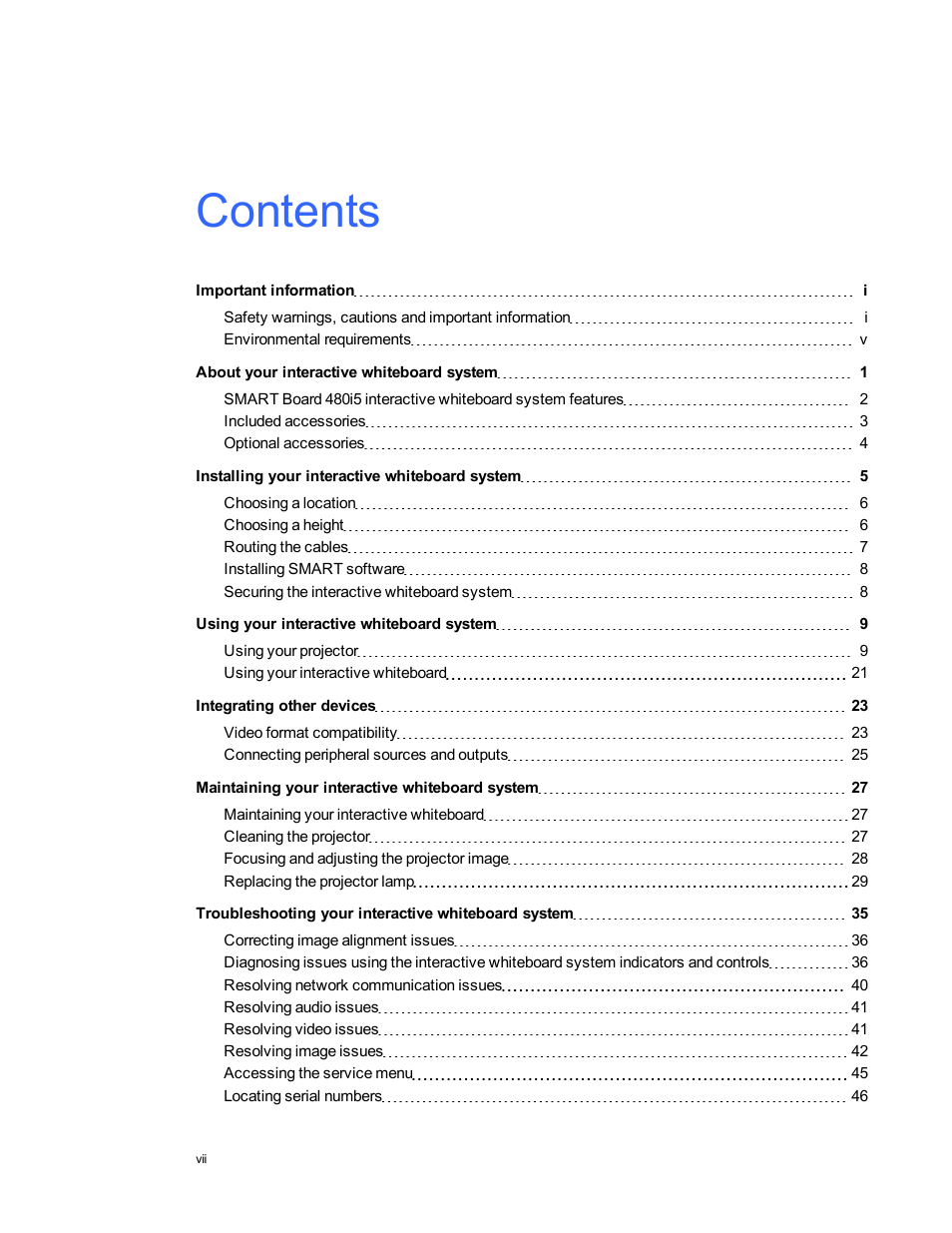 Smart Technologies Interactive Whiteboard System 480i5 User Manual | Page 9 / 87