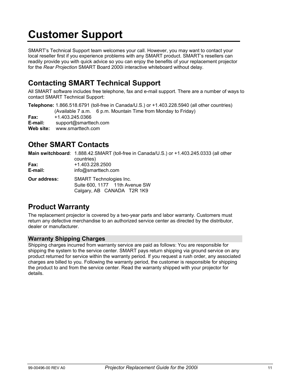 Customer support, Contacting smart technical support, Other smart contacts | Product warranty | Smart Technologies Smart Board 2000i User Manual | Page 15 / 15
