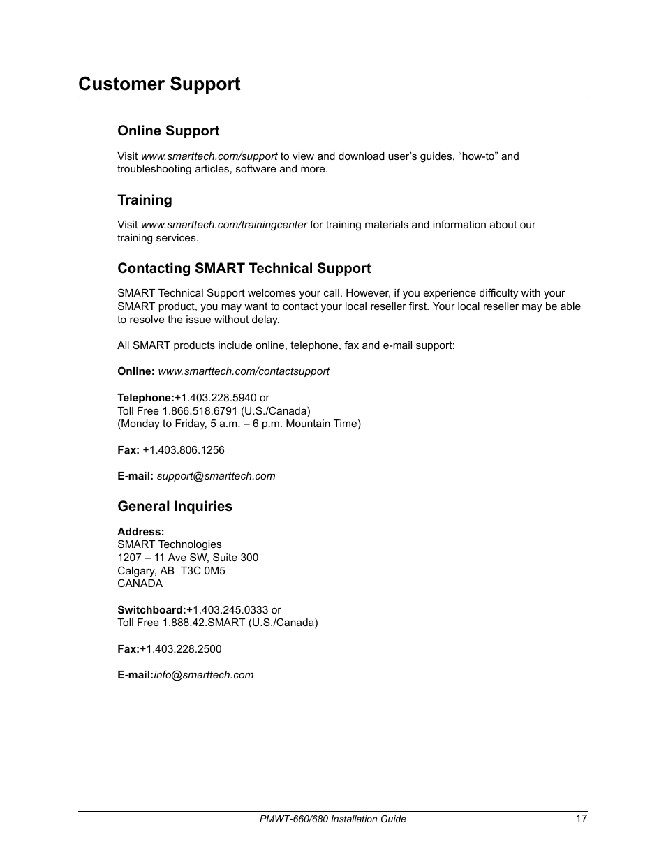 Customer support, Online support, Training | Contacting smart technical support, General inquiries | Smart Technologies SMART Board Interafctive Whiteboardd PMWT-660/680 User Manual | Page 19 / 22