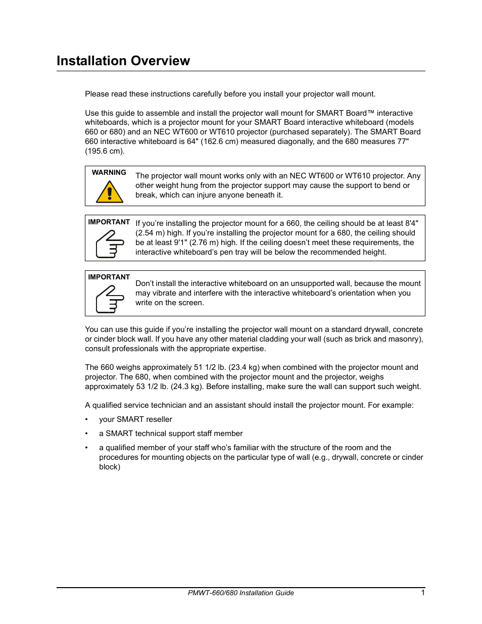 Installation overview | Smart Technologies SMART Board Interafctive Whiteboardd PMWT-660/680 User Manual | Page 3 / 22