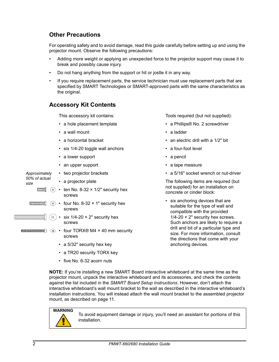 Other precautions, Accessory kit contents | Smart Technologies SMART Board Interafctive Whiteboardd PMWT-660/680 User Manual | Page 4 / 22