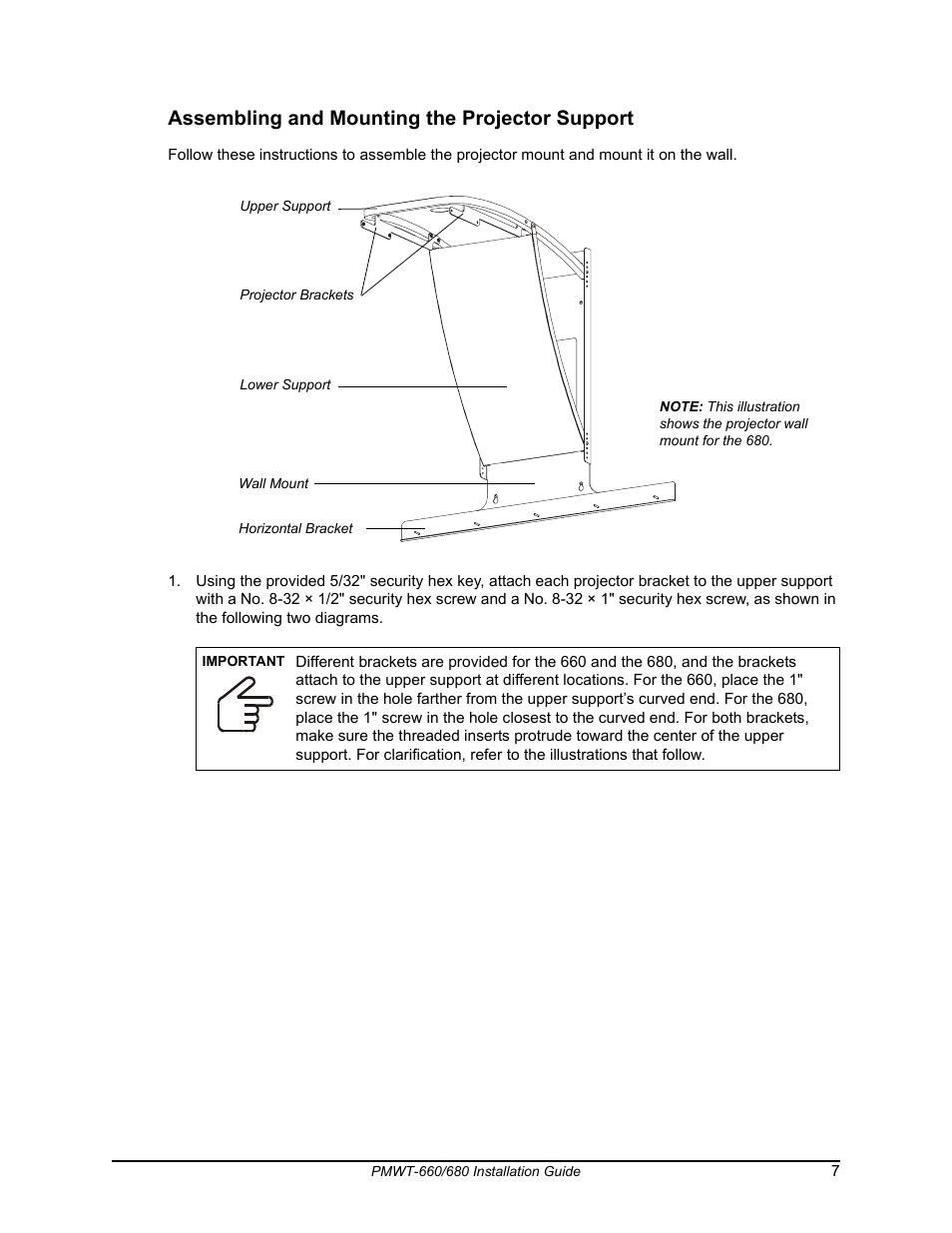 Assembling and mounting the projector support | Smart Technologies SMART Board Interafctive Whiteboardd PMWT-660/680 User Manual | Page 9 / 22