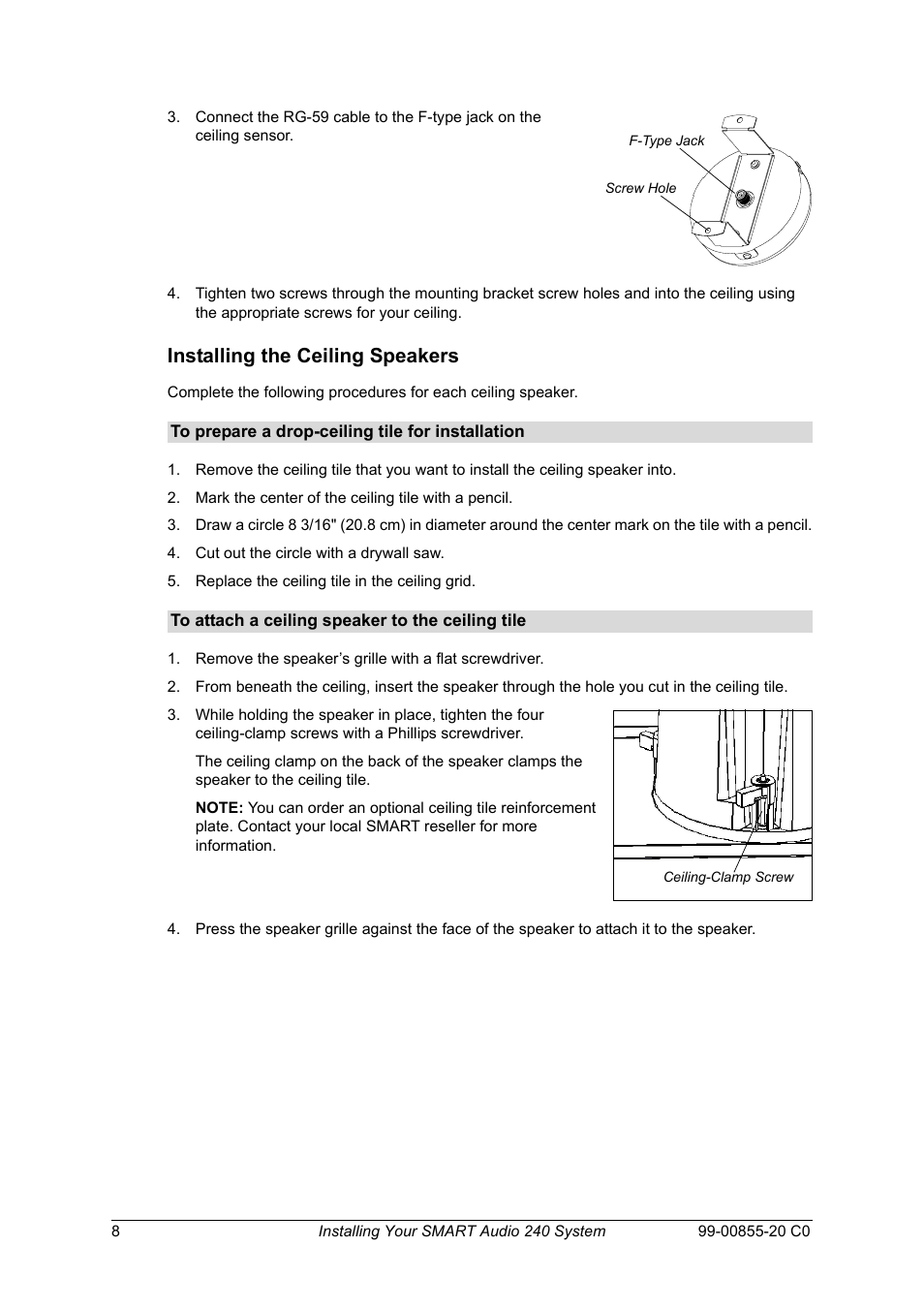 Installing the ceiling speakers | Smart Technologies Smart Audio System 240 User Manual | Page 14 / 30