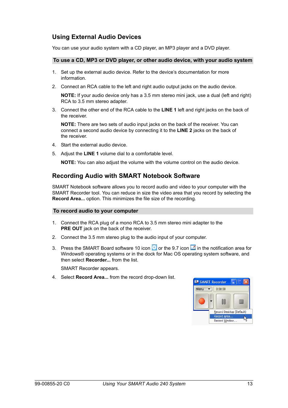 Using external audio devices, Recording audio with smart notebook software | Smart Technologies Smart Audio System 240 User Manual | Page 19 / 30