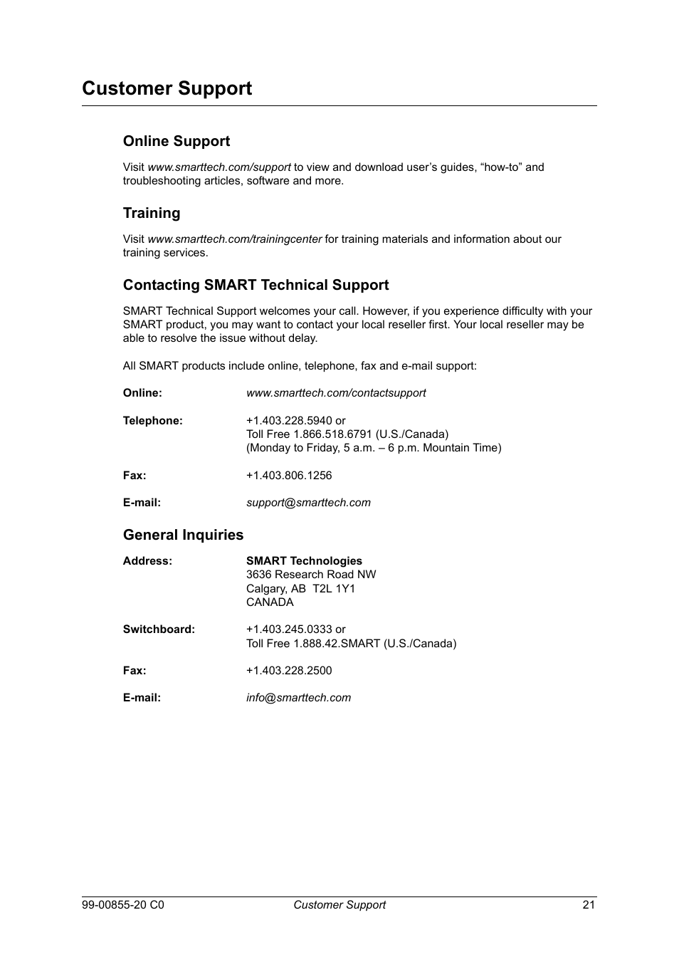 Customer support, Online support, Training | Contacting smart technical support, General inquiries | Smart Technologies Smart Audio System 240 User Manual | Page 27 / 30
