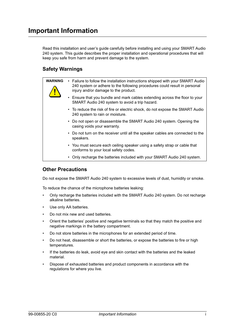Important information, Safety warnings, Other precautions | Safety warnings other precautions | Smart Technologies Smart Audio System 240 User Manual | Page 3 / 30