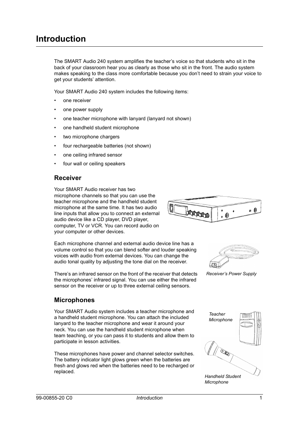Introduction, Receiver, Microphones | Receiver microphones | Smart Technologies Smart Audio System 240 User Manual | Page 7 / 30