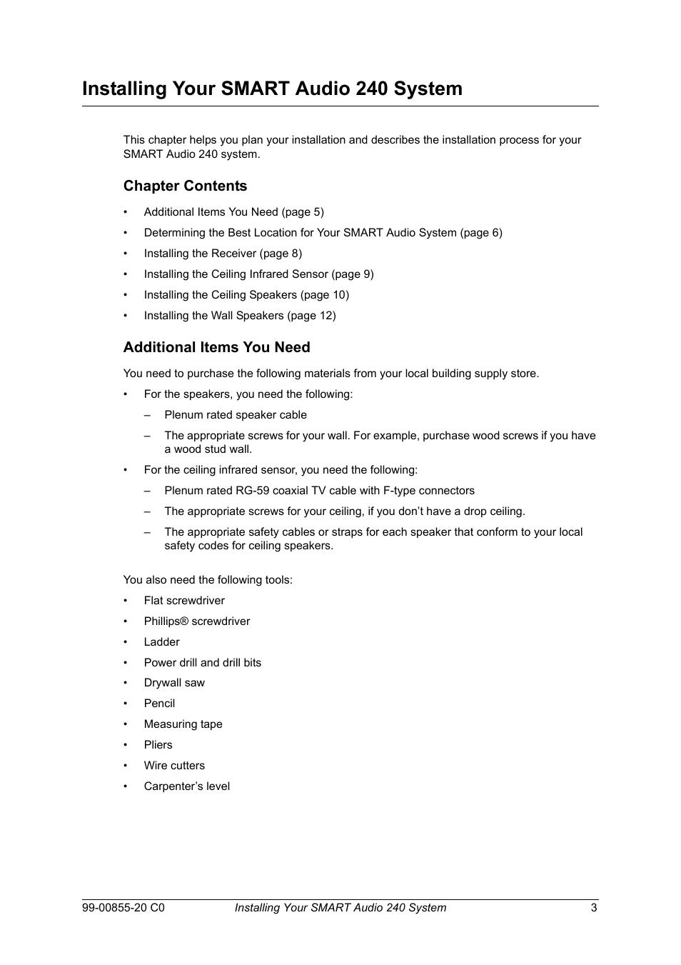 Installing your smart audio 240 system, Chapter contents, Additional items you need | Chapter contents additional items you need | Smart Technologies Smart Audio System 240 User Manual | Page 9 / 30