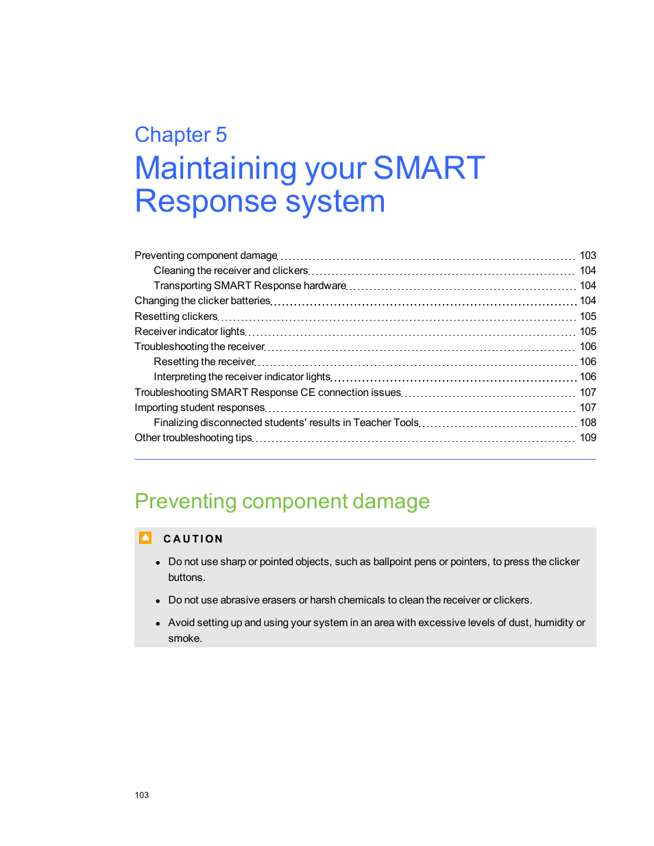 Chapter 5: maintaining your smart response system, Preventing component damage, Chapter 5 | Smart Technologies 2011 User Manual | Page 109 / 122