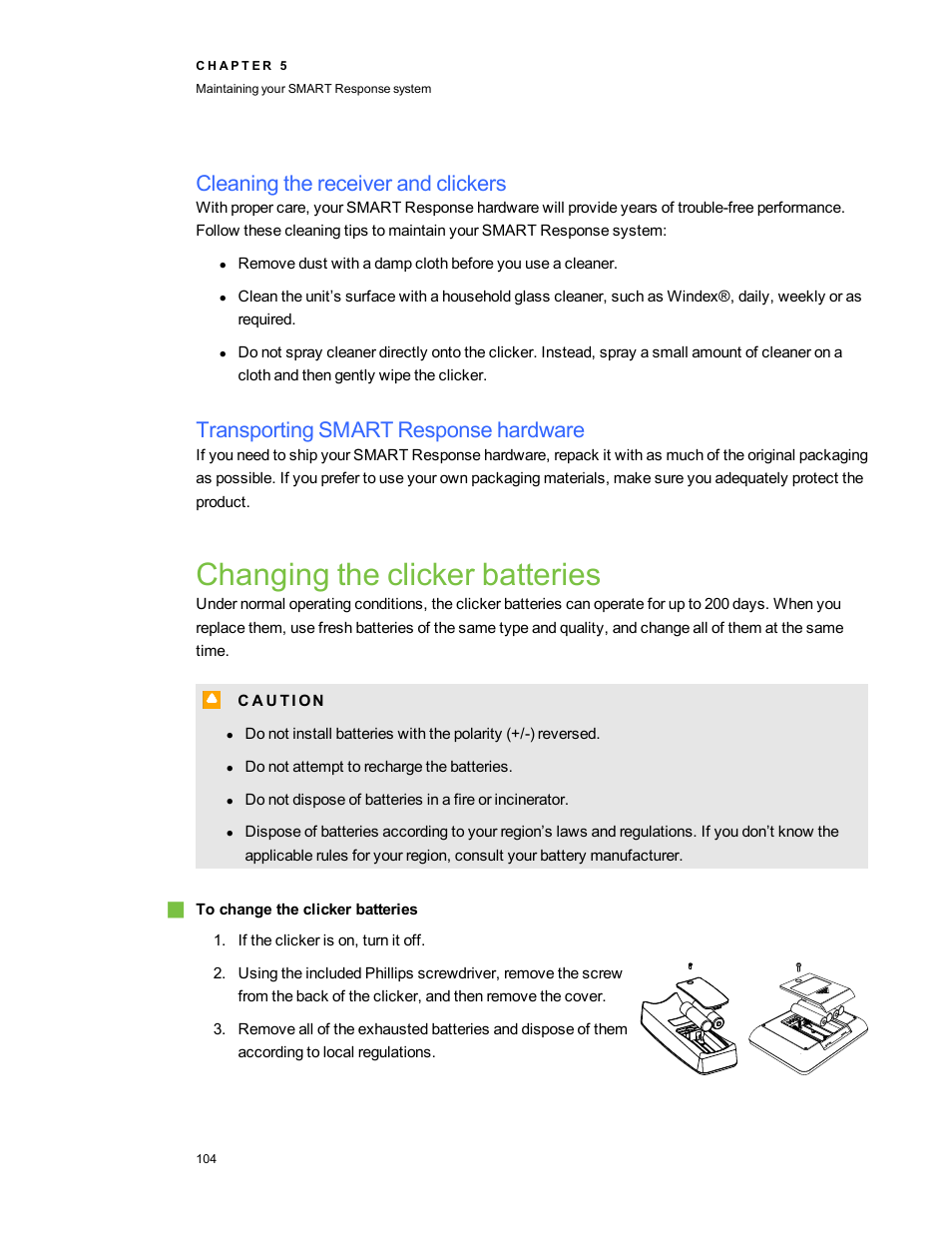 Cleaning the receiver and clickers, Transporting smart response hardware, Changing the clicker batteries | Smart Technologies 2011 User Manual | Page 110 / 122