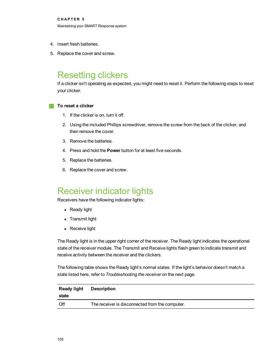 Resetting clickers, Receiver indicator lights | Smart Technologies 2011 User Manual | Page 111 / 122