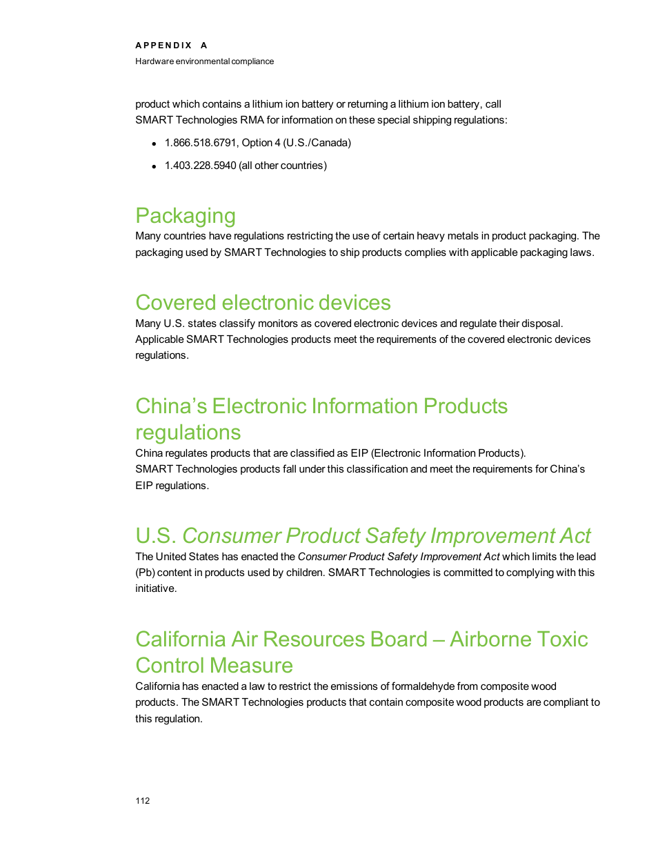 Packaging, Covered electronic devices, U.s. consumer product safety improvement act | Smart Technologies 2011 User Manual | Page 118 / 122