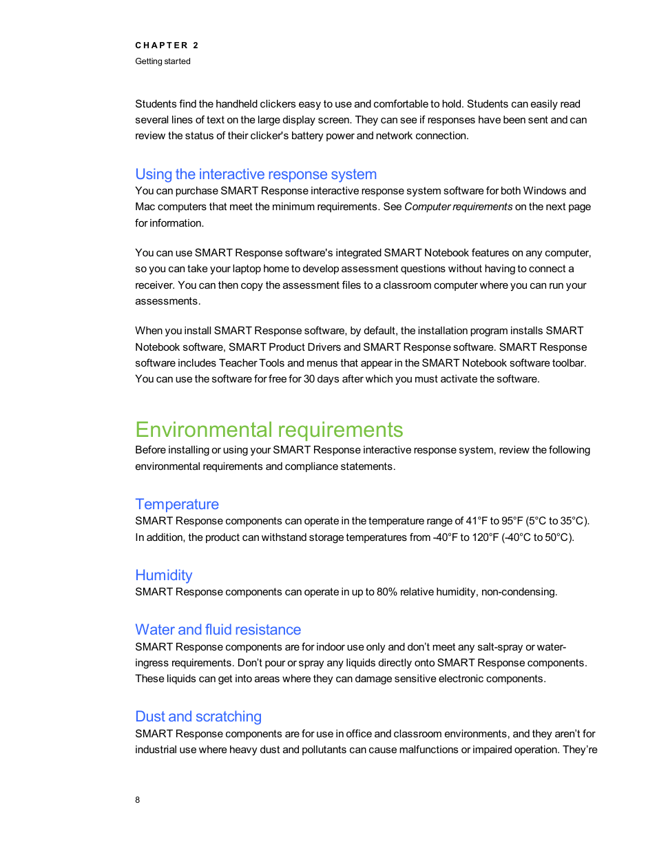 Using the interactive response system, Environmental requirements, Temperature | Humidity, Water and fluid resistance, Dust and scratching | Smart Technologies 2011 User Manual | Page 14 / 122