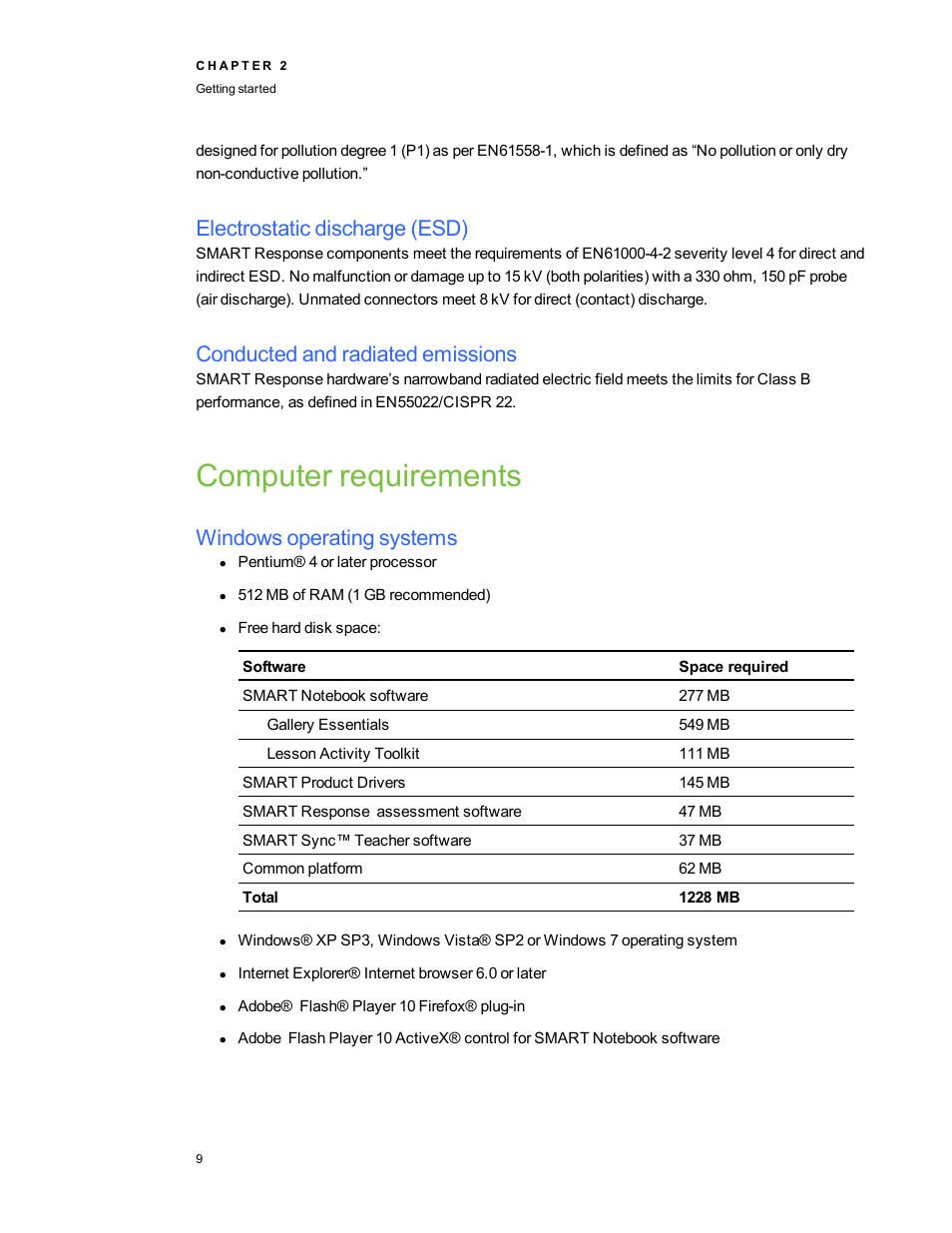 Electrostatic discharge (esd), Conducted and radiated emissions, Computer requirements | Windows operating systems | Smart Technologies 2011 User Manual | Page 15 / 122