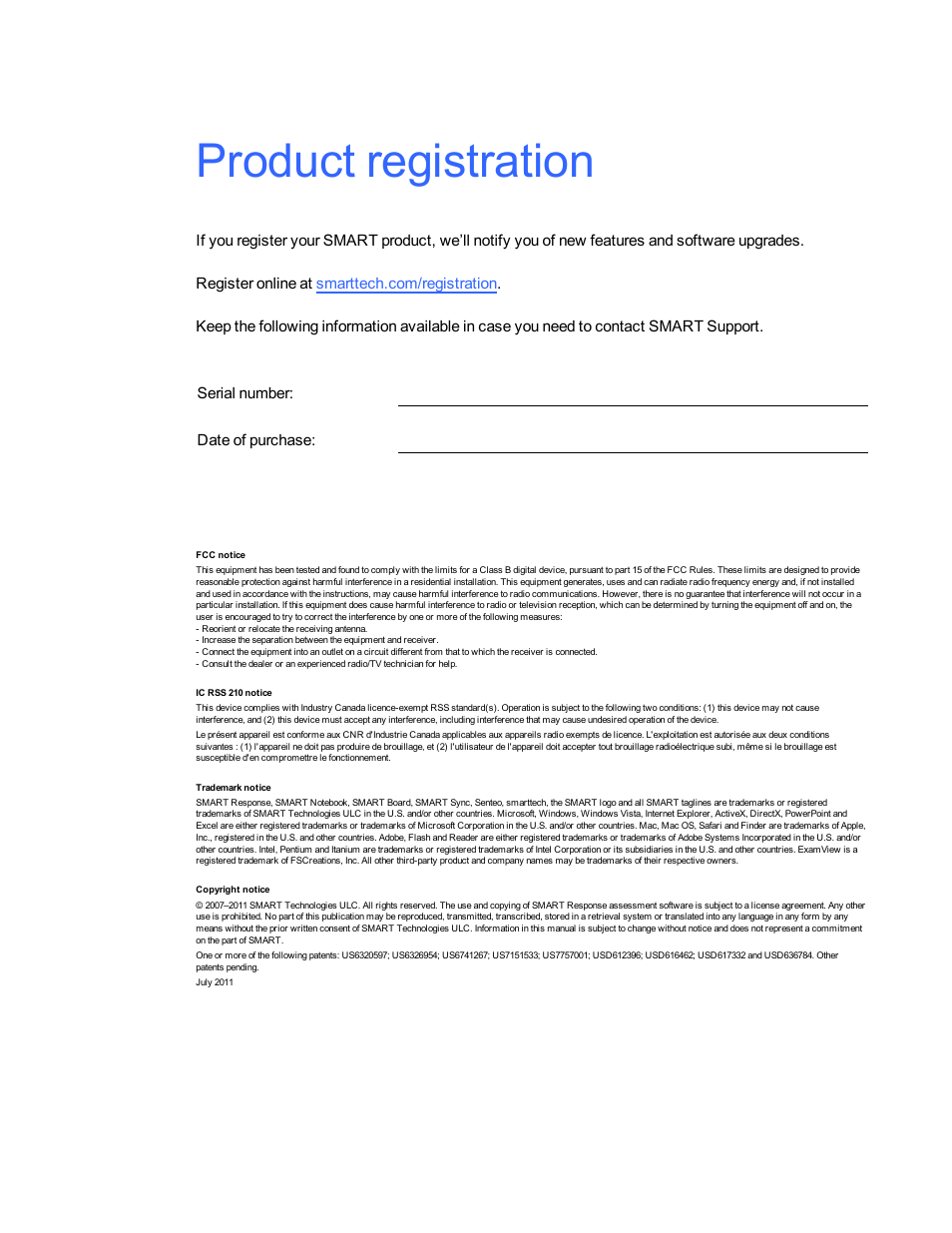 Product registration | Smart Technologies 2011 User Manual | Page 2 / 122