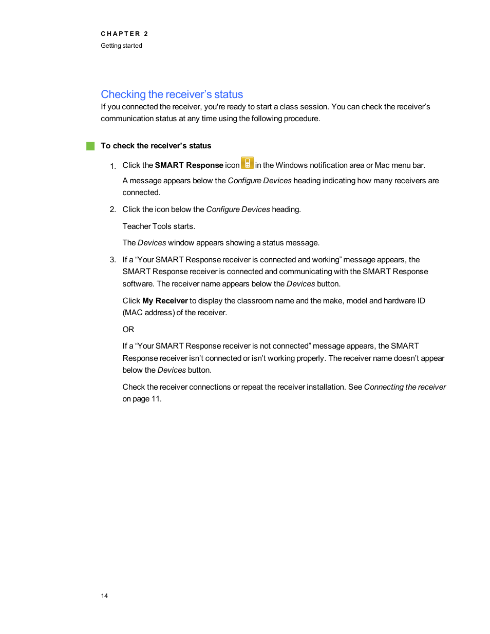 Checking the receiver’s status | Smart Technologies 2011 User Manual | Page 20 / 122