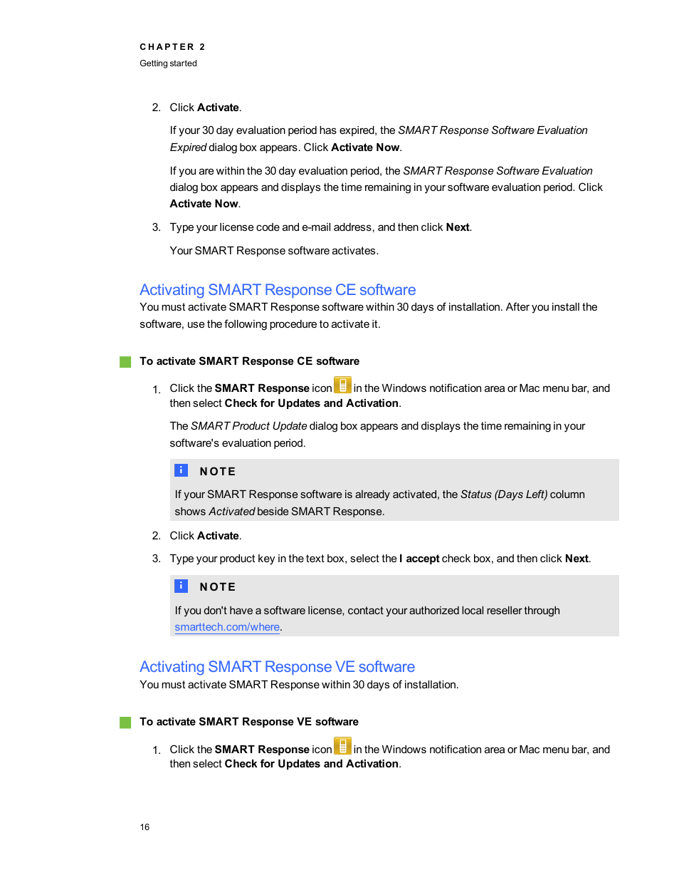 Activating smart response ce software, Activating smart response ve software, Activating smart response | Smart Technologies 2011 User Manual | Page 22 / 122