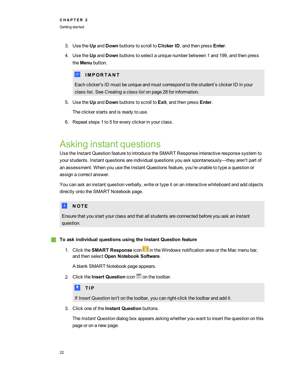 Asking instant questions, Asking instant | Smart Technologies 2011 User Manual | Page 28 / 122