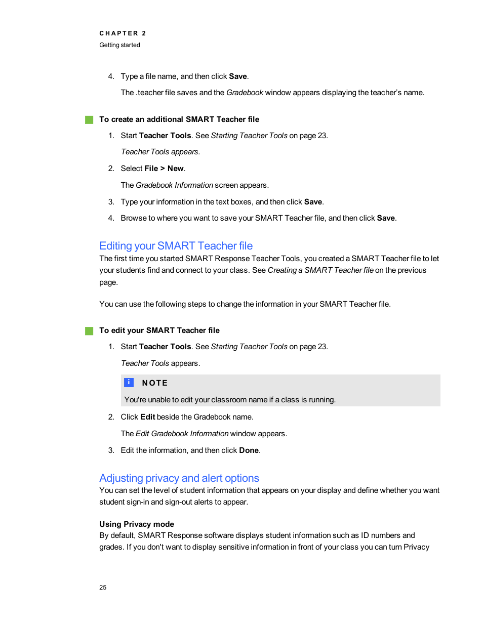 Editing your smart teacher file, Adjusting privacy and alert options, Using privacy mode | Smart Technologies 2011 User Manual | Page 31 / 122