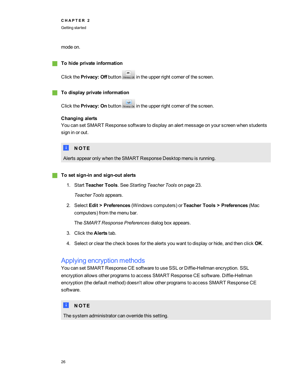 Changing alerts, Applying encryption methods | Smart Technologies 2011 User Manual | Page 32 / 122