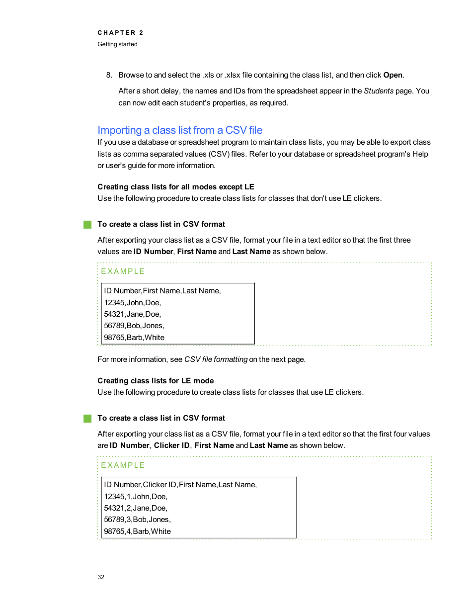 Importing a class list from a csv file, Creating class lists for all modes except le, Creating class lists for le mode | Smart Technologies 2011 User Manual | Page 38 / 122