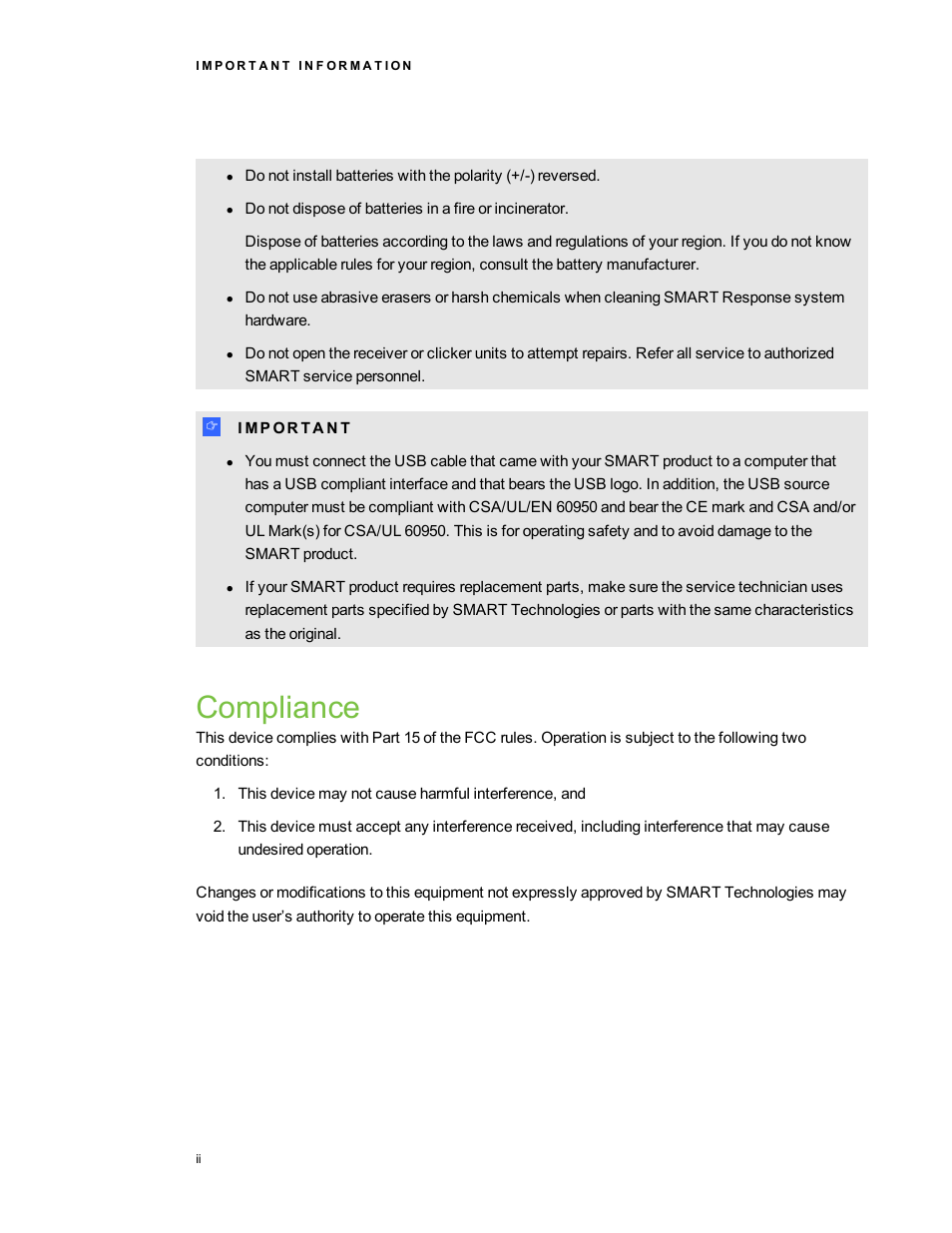 Compliance | Smart Technologies 2011 User Manual | Page 4 / 122