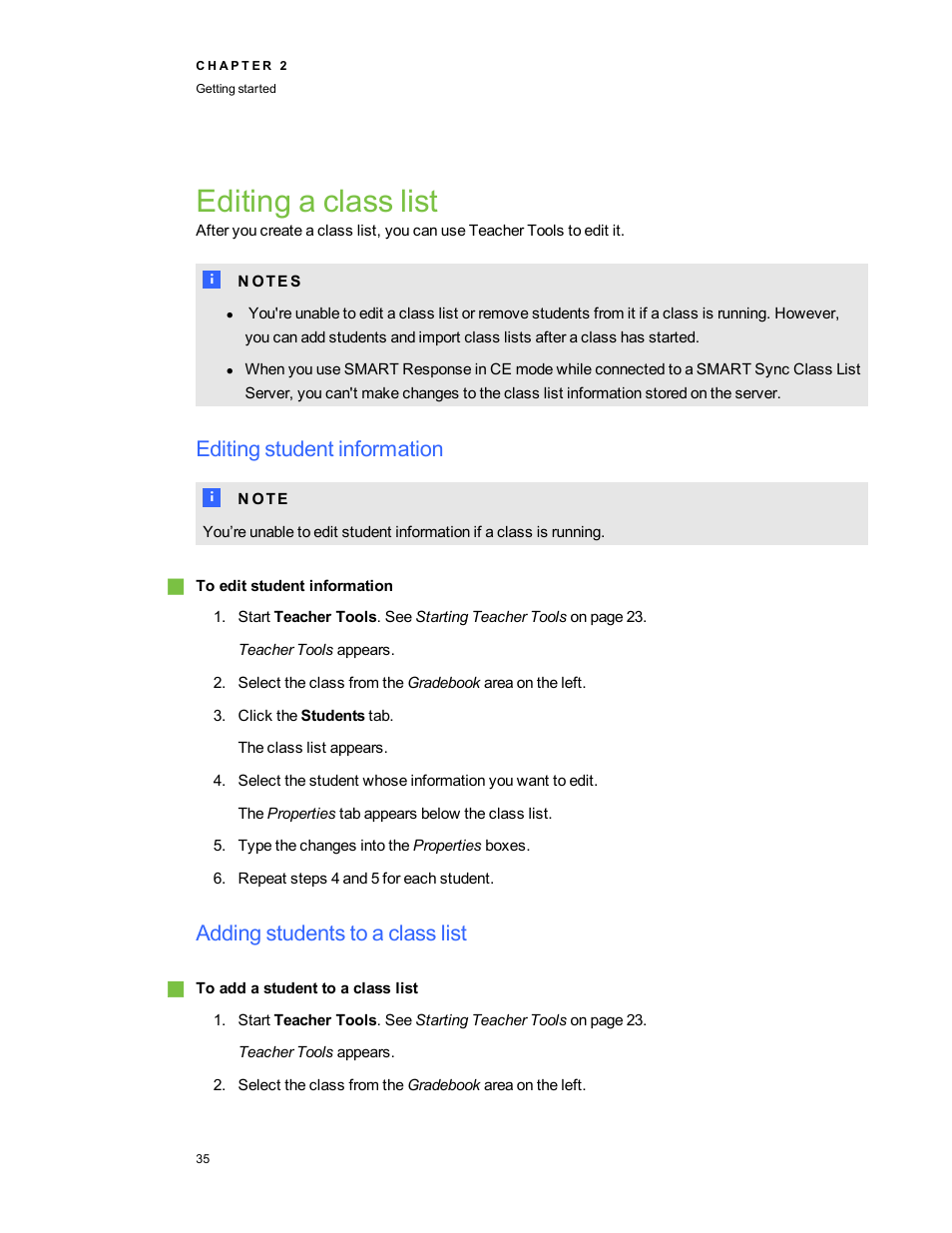 Editing a class list, Editing student information, Adding students to a class list | Smart Technologies 2011 User Manual | Page 41 / 122