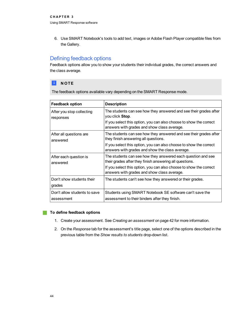 Defining feedback options | Smart Technologies 2011 User Manual | Page 50 / 122