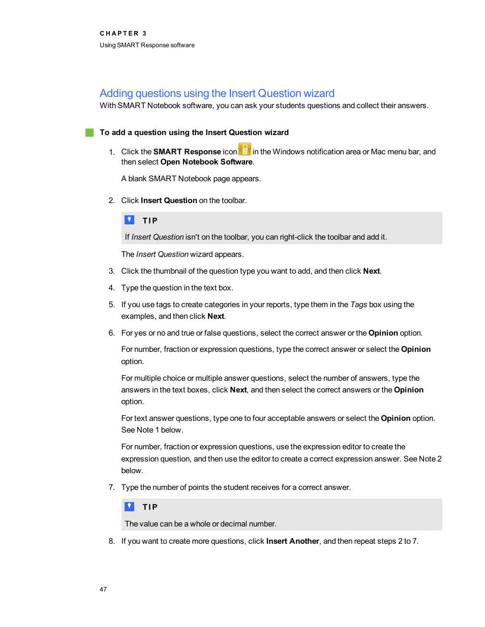 Adding questions using the insert question wizard, Adding questions using the insert | Smart Technologies 2011 User Manual | Page 53 / 122