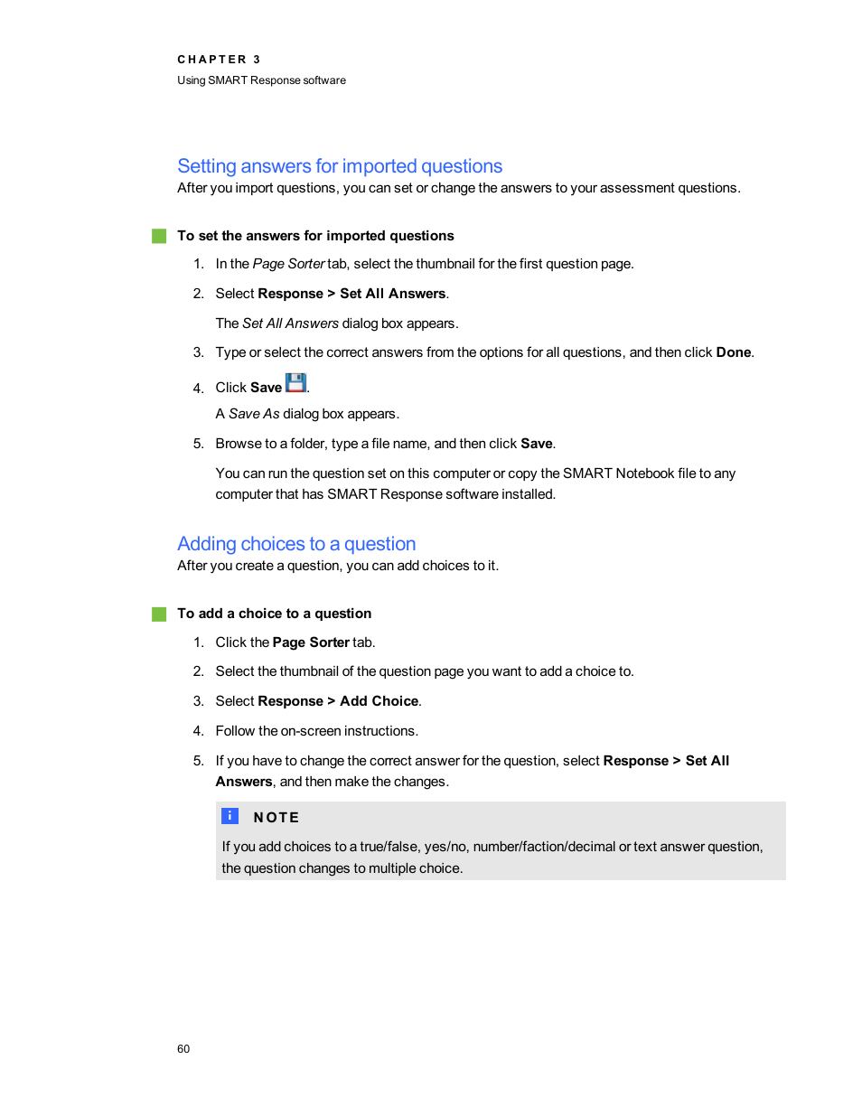 Setting answers for imported questions, Adding choices to a question, Setting answers for imported questions on | Smart Technologies 2011 User Manual | Page 66 / 122