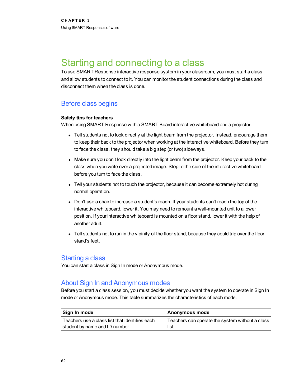 Starting and connecting to a class, Before class begins, Safety tips for teachers | Starting a class, About sign in and anonymous modes | Smart Technologies 2011 User Manual | Page 68 / 122