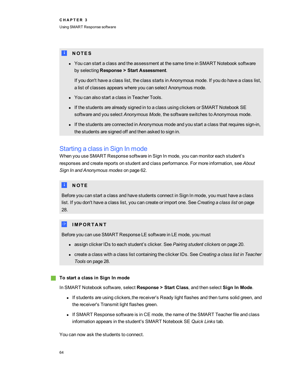 Starting a class in sign in mode | Smart Technologies 2011 User Manual | Page 70 / 122