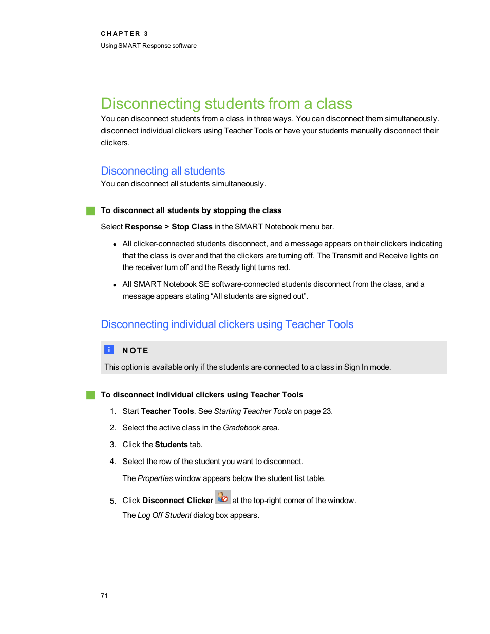 Disconnecting students from a class, Disconnecting all students | Smart Technologies 2011 User Manual | Page 77 / 122