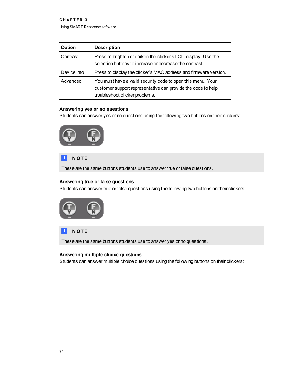 Answering yes or no questions, Answering true or false questions, Answering multiple choice questions | Smart Technologies 2011 User Manual | Page 80 / 122