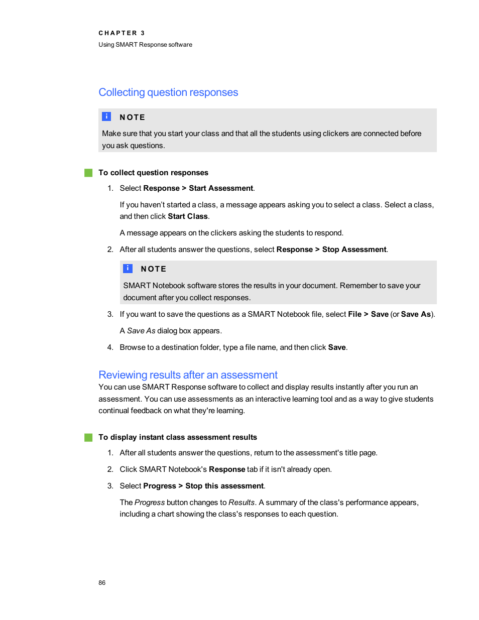 Collecting question responses, Reviewing results after an assessment | Smart Technologies 2011 User Manual | Page 92 / 122