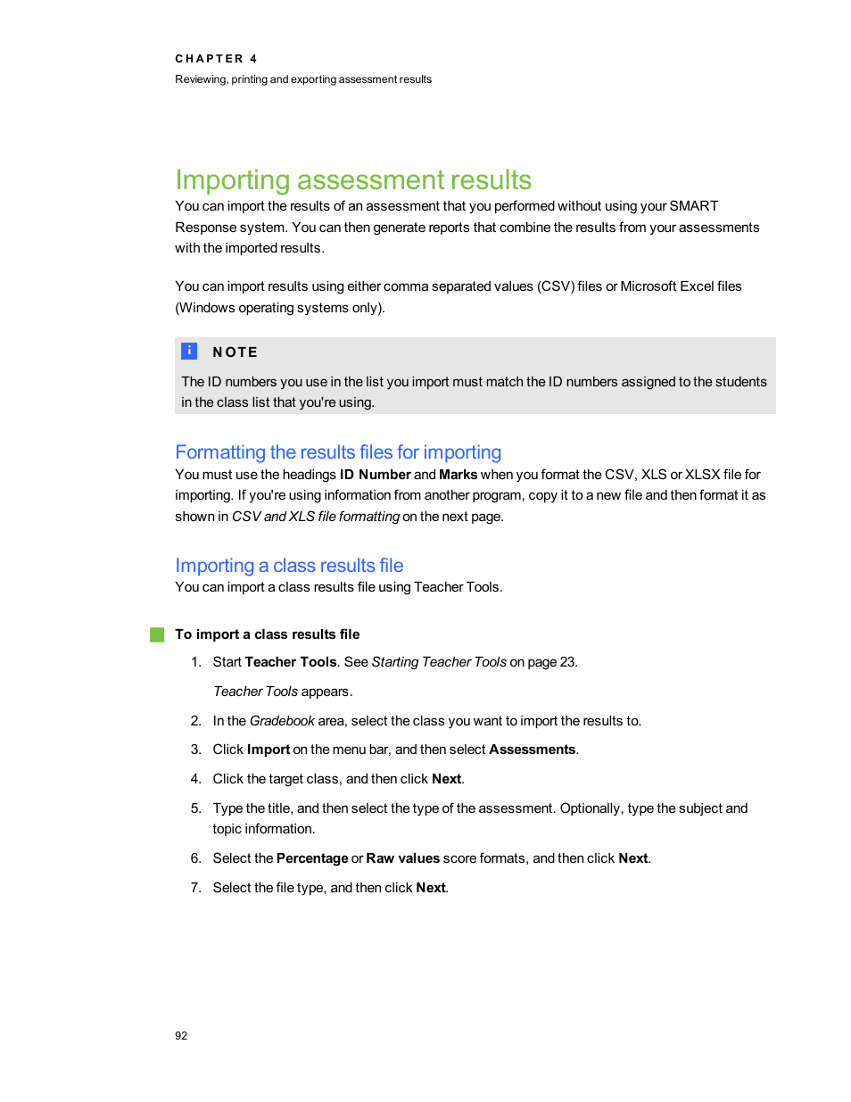 Importing assessment results, Formatting the results files for importing, Importing a class results file | Smart Technologies 2011 User Manual | Page 98 / 122